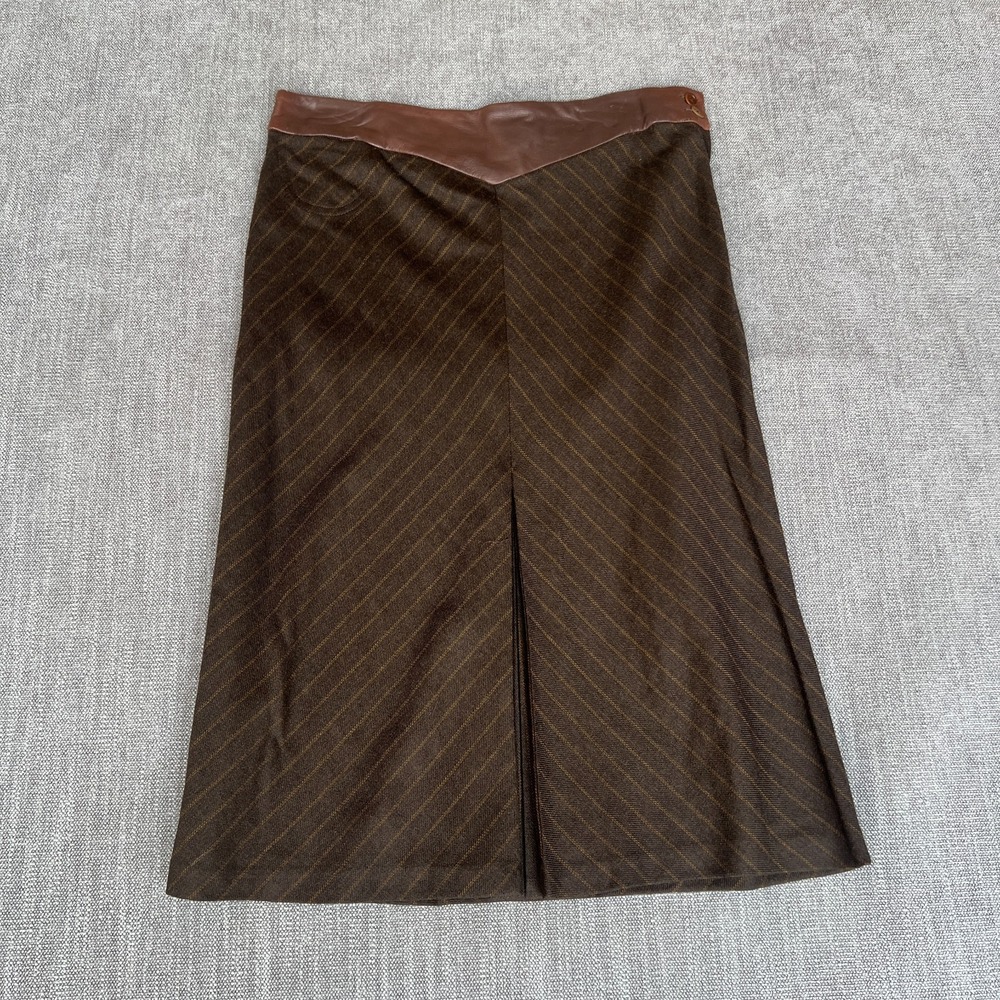 William B Skirt Womens 8 Brown Wool Blend Striped Faux-Leather Waist Front Slit